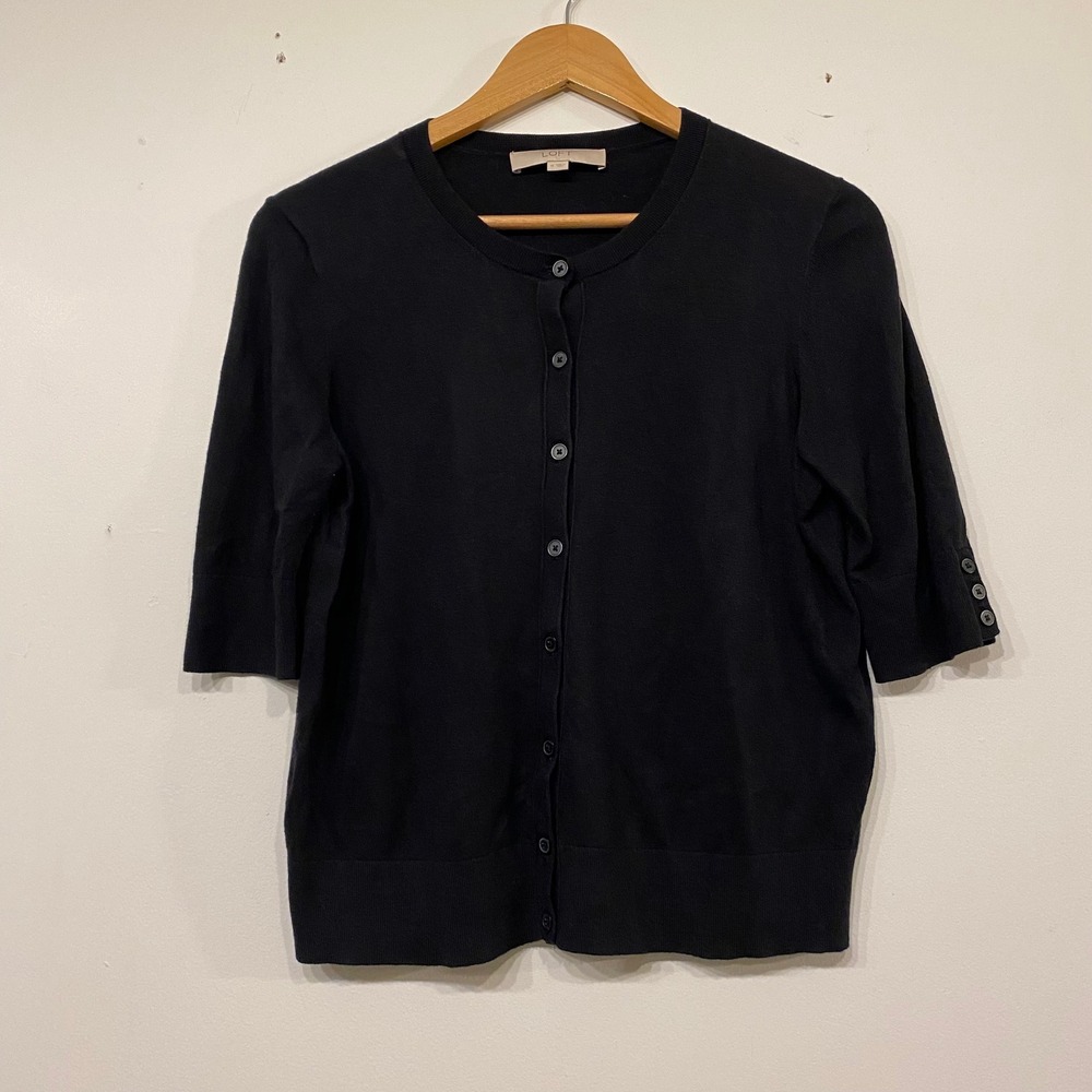 Loft Black Button Cardigan Sweater Elbow Sleeve Cotton Blend Classic Medium
